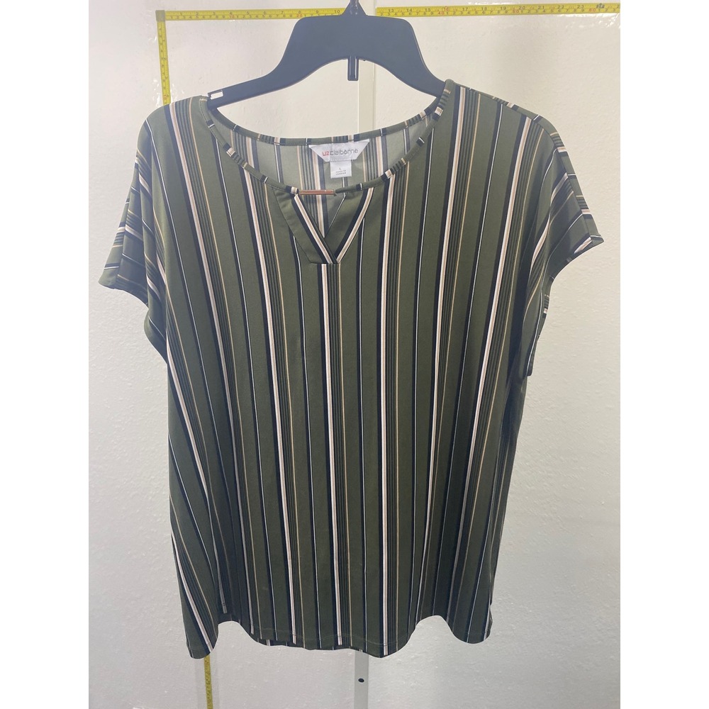 Liz Claiborne Womens Large Olive Green Striped Blouse Gold Bar Neck Short Sleeve